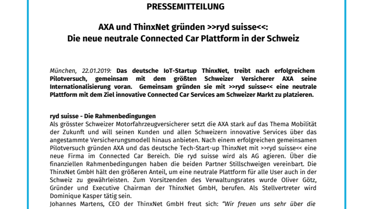 AXA und ThinxNet gründen >>ryd suisse<<: Die neue neutrale Connected Car Plattform in der Schweiz