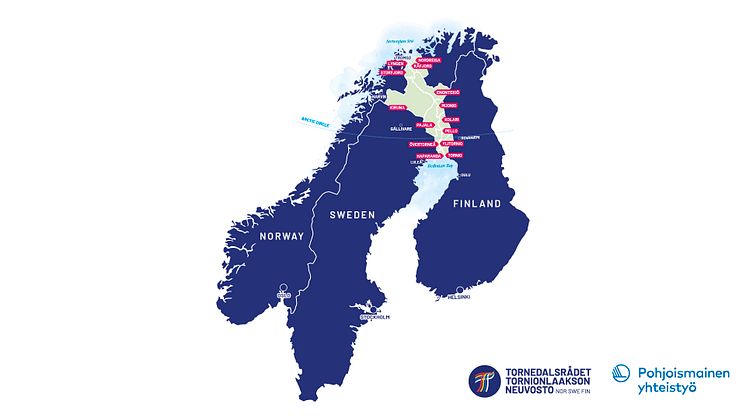 Tornionlaakson neuvoston rajakunnat muodostavat kiinteän maarajan Suomen, Ruotsin ja Norjan välillä.