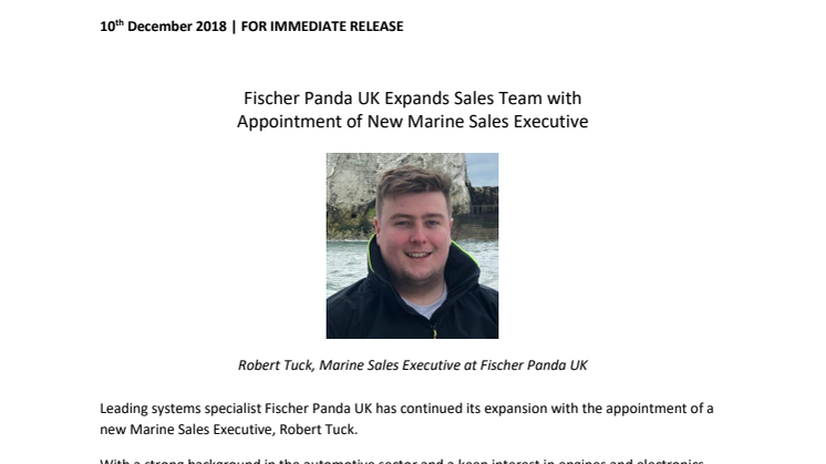 Fischer Panda UK: Fischer Panda UK Expands Sales Team with Appointment of New Marine Sales Executive