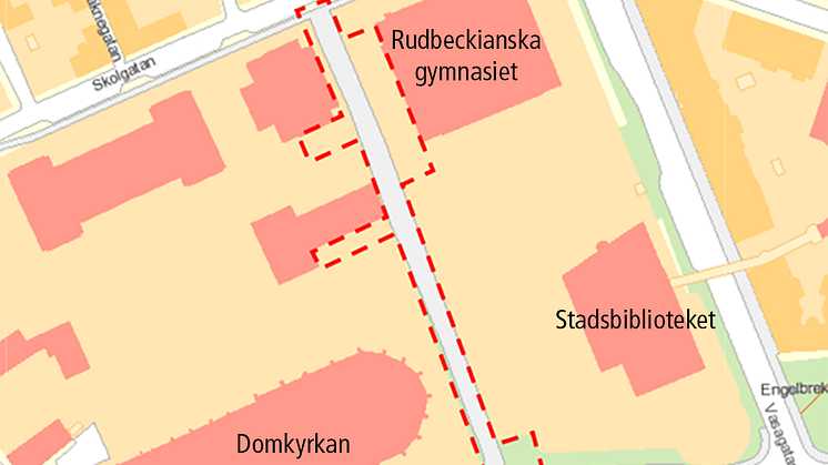Kartan visar ungefärligt arbetsområde vid Rudbeckianska gymnasiet. Avspärrningarna kommer att ändras under arbetets gång.