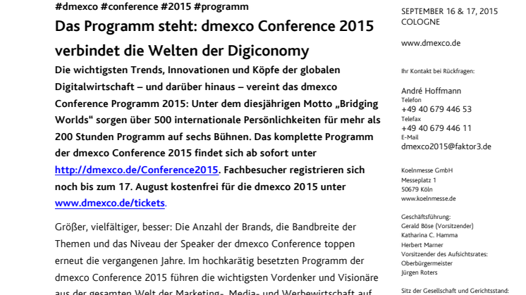 Das Programm steht: dmexco Conference 2015 verbindet die Welten der Digiconomy