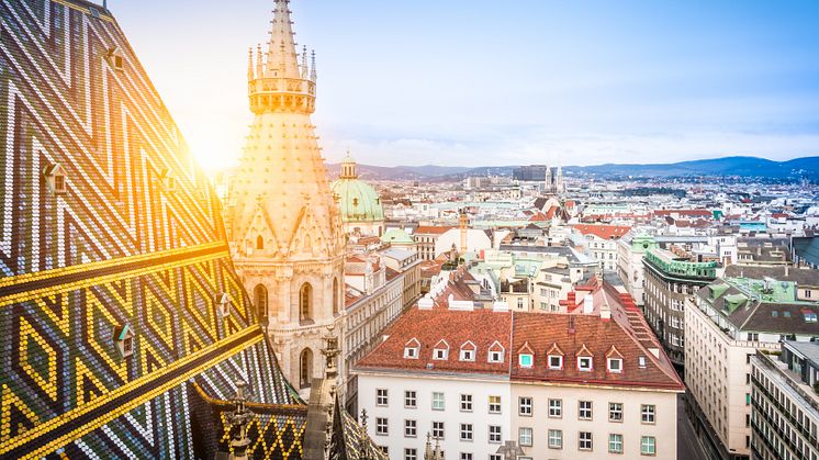 Aerial photo over the rooftops of Vienna from the north tower of St Stephen’s Cathedral. Photo: Shutterstock.
