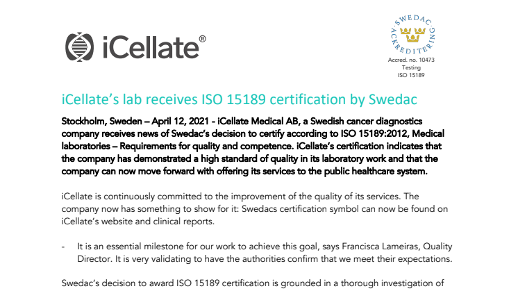 iCellate’s lab receives ISO 15189 certification by Swedac