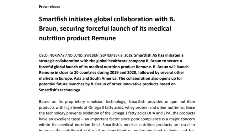 ​Smartfish initiates global collaboration with B. Braun, securing forceful launch of its medical nutrition product Remune