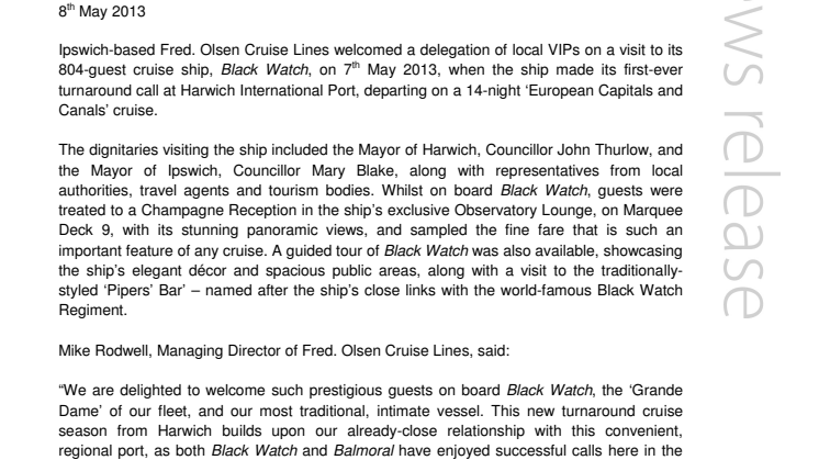 Fred. Olsen Cruise Lines’ Black Watch celebrates  new cruise season from Harwich