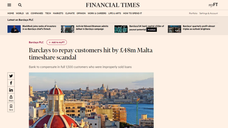 Financial Times story June 18th 2021.  Barclays Partner Finance admits defeat after campaign by timeshare lawyer supported by European Consumer Claims