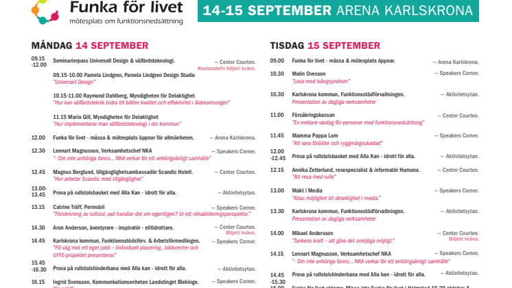 Program Funka för livet Karlskrona 14-15 september