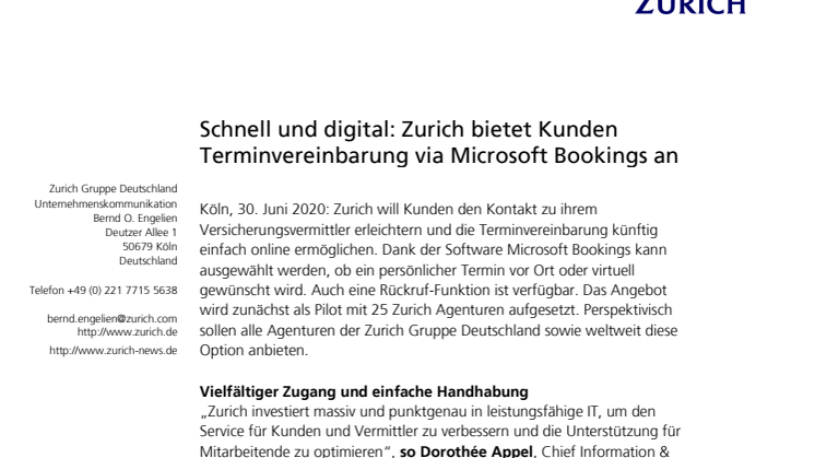 Schnell und digital: Zurich bietet Kunden Terminvereinbarung via Microsoft Bookings an