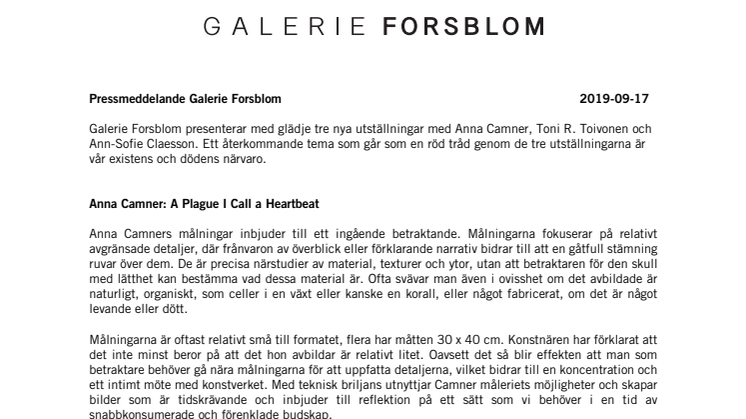 Tre nya utställningar på Galerie Forsblom: Anna Camner, Toni R. Toivonen och Ann-Sofie Claesson