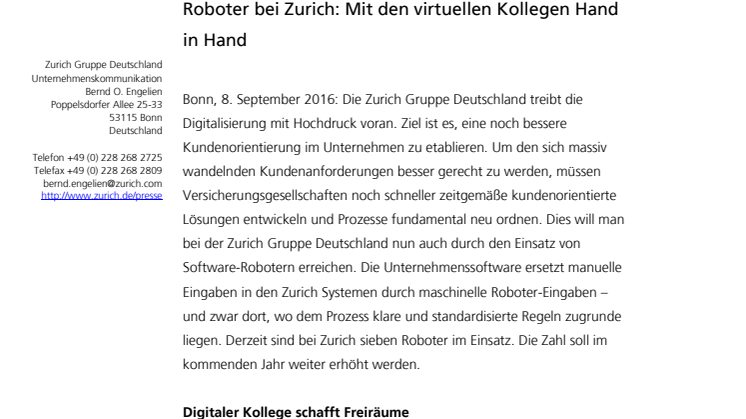 Roboter bei Zurich: Mit den virtuellen Kollegen Hand in Hand