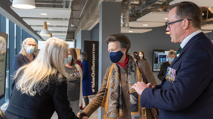 HRH The Princess Royal speaking with Mrs Gill McGill and Professor Matthew Kiernan, Co-Directors of Northumbria's Northern Hub for Veterans and Military Families Research.