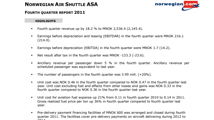 Norwegian Reports 2011 Results: Strong Passenger Growth, High Load Factor and Fleet Renewal 