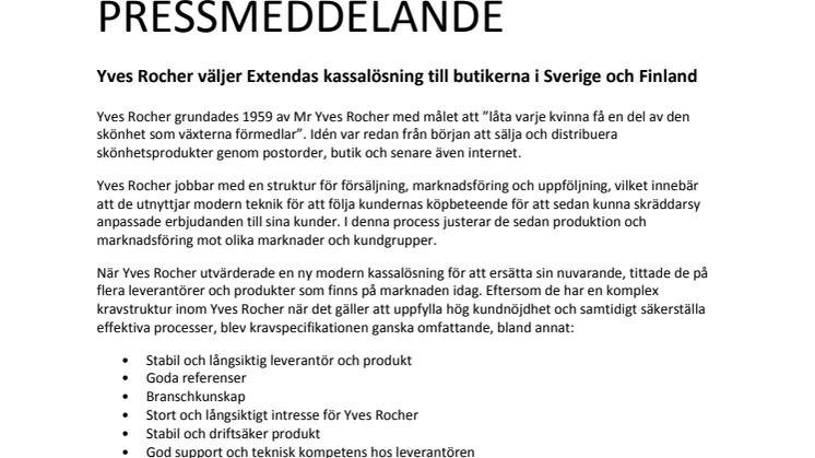 Yves Rocher väljer Extendas kassalösning till butikerna i Sverige och Finland 