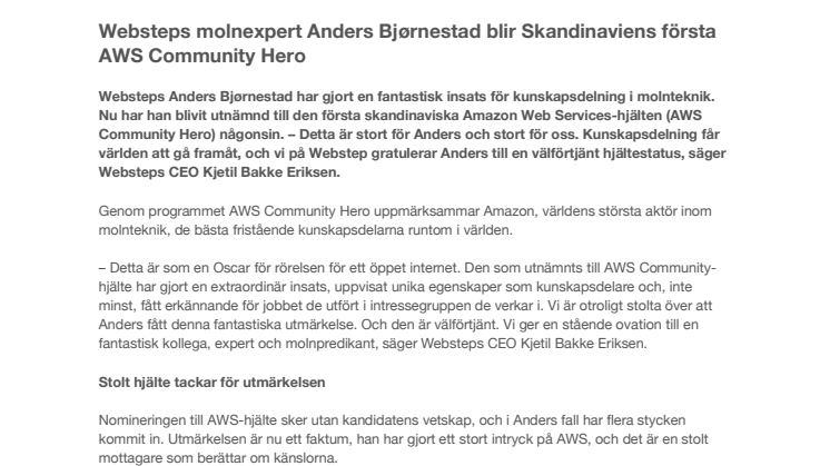 Websteps molnexpert Anders Bjørnestad blir Skandinaviens första AWS Community Hero