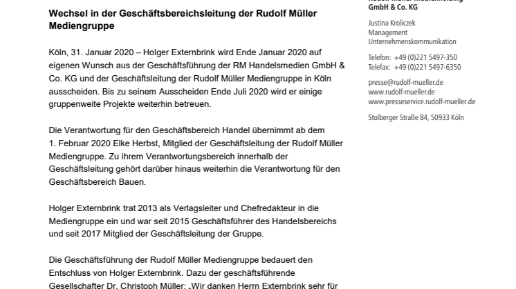 Wechsel in der Geschäftsbereichsleitung der Rudolf Müller Mediengruppe