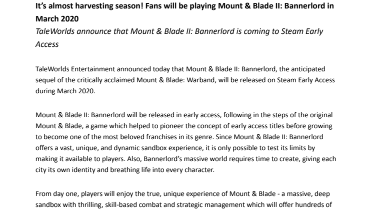 It’s almost harvesting season! Fans will be playing Mount & Blade II: Bannerlord in March 2020