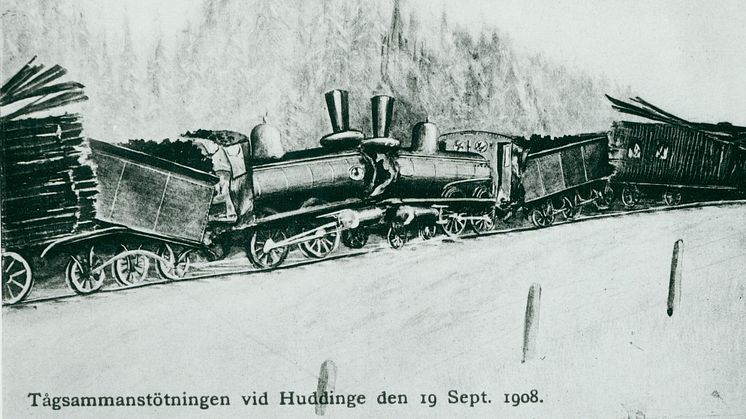 Tågsammanstöttningen vid Huddinge, 1908, tecknad bild