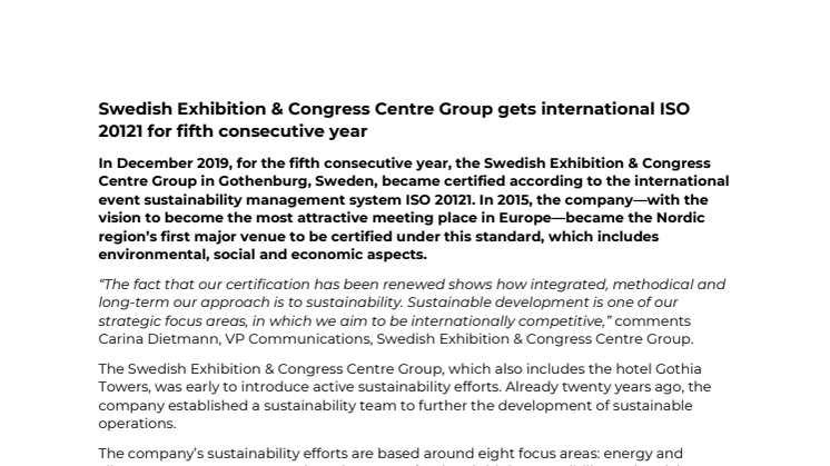 Swedish Exhibition & Congress Centre Group gets international ISO 20121 for fifth consecutive year
