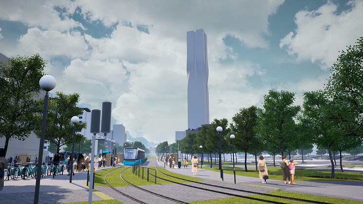 Visionsbild över framtida spårvagnshållplats Pumpgatan