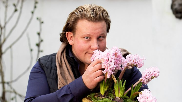 Karl Fredrik drar in doften av en god jul från svenskodlade hyacinter