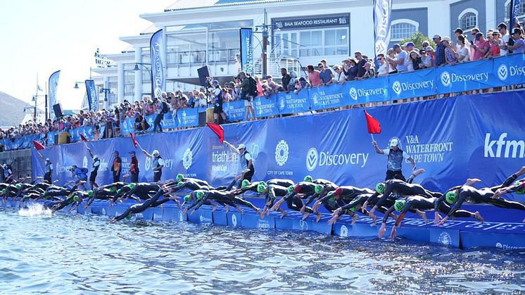 Elite triathletes take to the water at the 2019 Discovery Triathlon World Cup Cape Town