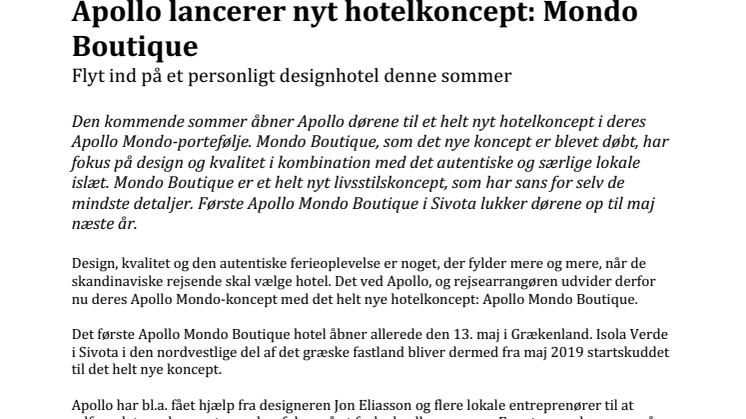 Apollo lancerer nyt hotelkoncept: Mondo Boutique