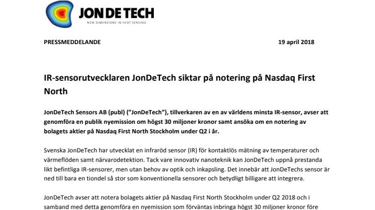 IR-sensorutvecklaren JonDeTech siktar på notering på Nasdaq First North