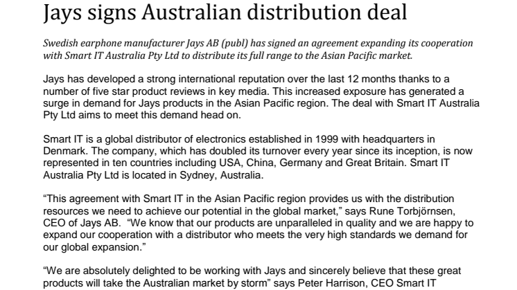 Jays signs Australian distribution deal