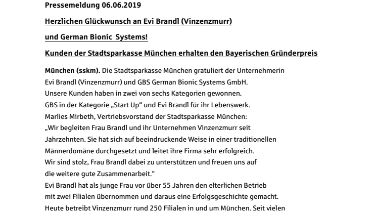Herzlichen Glückwunsch an Evi Brandl (Vinzenzmurr) und German Bionic Systems!  