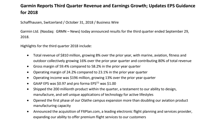 Garmin Reports Third Quarter Revenue and Earnings Growth; Updates EPS Guidance for 2018 