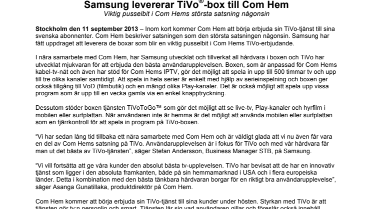 Samsung levererar TiVo®-box till Com Hem