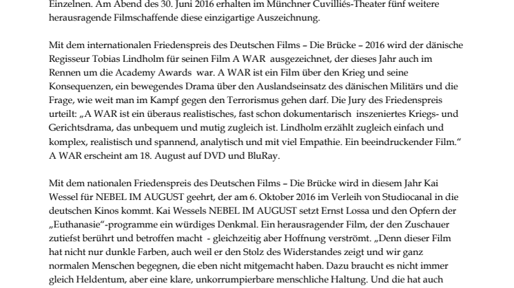15. Friedenspreis des Deutschen Films – Die Brücke  wird am Donnerstag, 30. Juni im Münchner Cuvilliés-Theater  verliehen