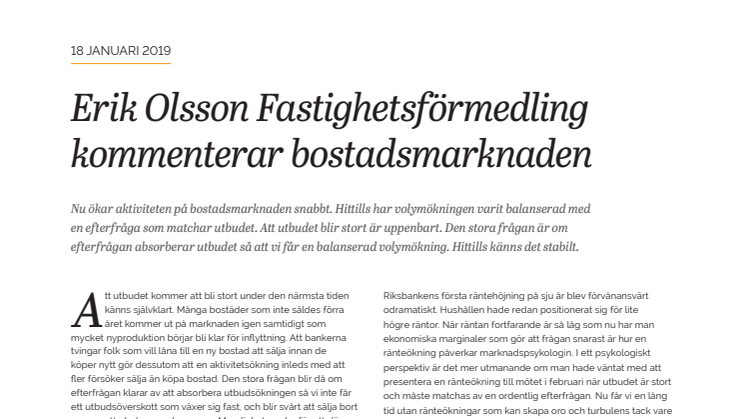 Erik Olsson Fastighetsförmedling kommenterar bostadsmarknaden 18 januari