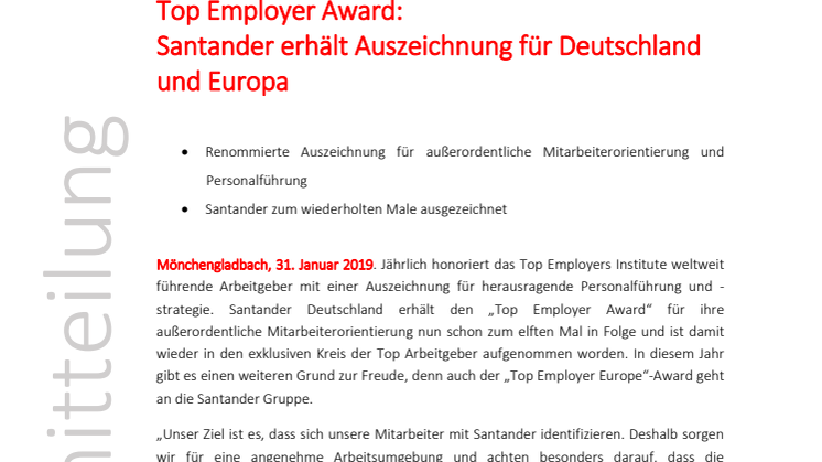 Top Employer Award:  Santander erhält Auszeichnung für Deutschland und Europa 