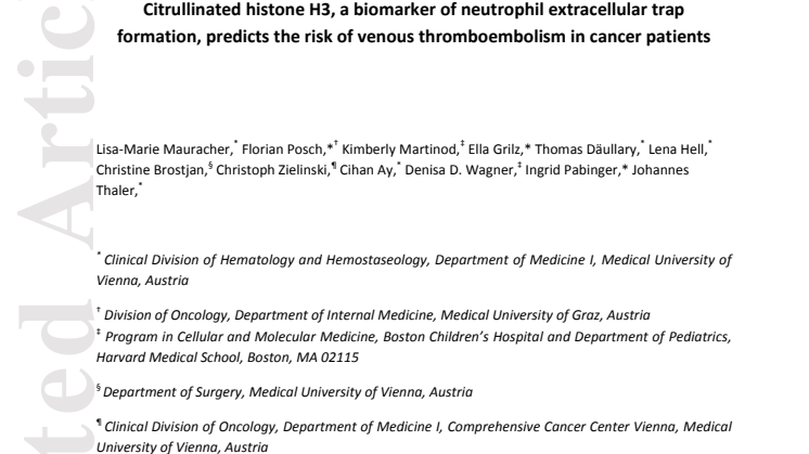 “Citrullinated histone H3, a biomarker of neutrophil extracellular trap formation, predicts the risk of venous thromboembolism in cancer patients.