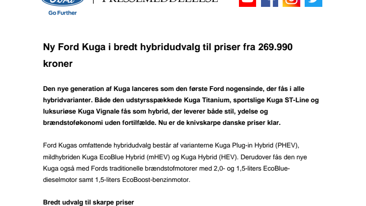 Ny Ford Kuga i bredt hybridudvalg til priser fra 280.090 kroner