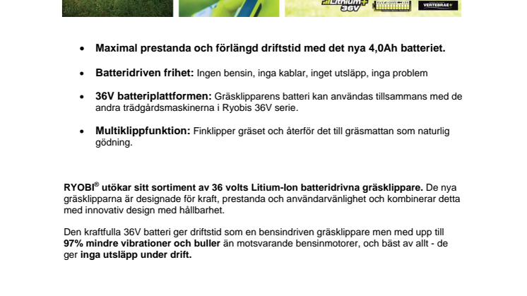 Nya 36 Volts Lithium-ion grässklippare från RYOBI®  