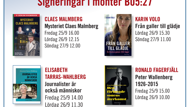 Claes Malmberg, Elisabeth Tarras-Wahlberg m fl i Ekerlids monter på bokmässan
