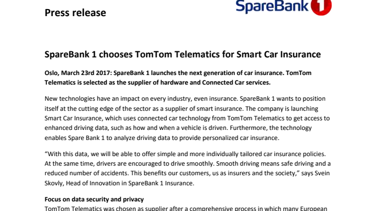 SpareBank 1 velger TomTom til smart bilforsikring