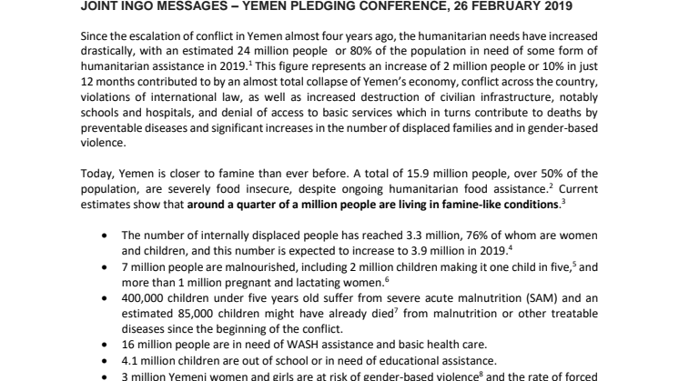 YEMEN PLEDGING CONFERENCE, 26 FEBRUARY 2019 - JOINT INGO MESSAGES 