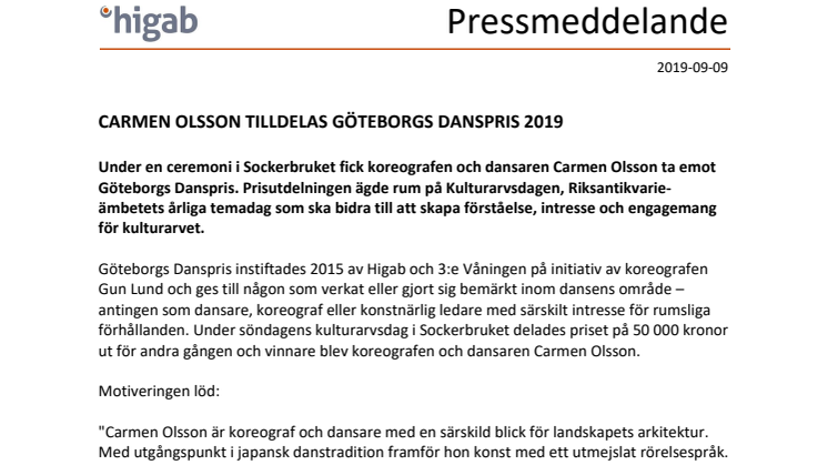 Carmen Olsson tilldelas Göteborgs Danspris 2019