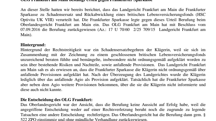 Lebensversicherungsfonds Krise aktuell: OLG Frankfurt am Main bestätigt Urteil gegen Frankfurter Sparkasse