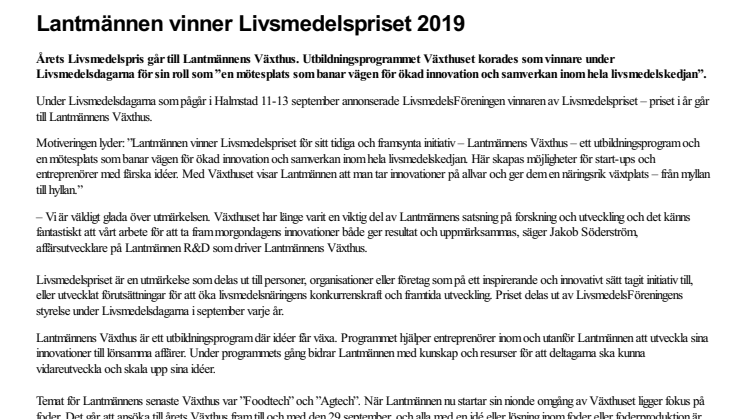 Lantmännen vinner Livsmedelspriset 2019