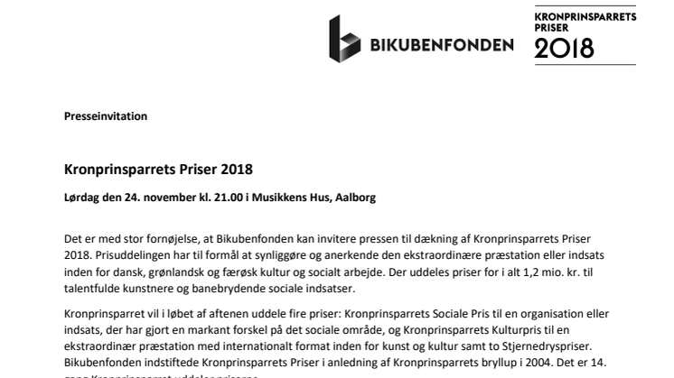 Presseinvitation Kronprinsparrets Priser 2018