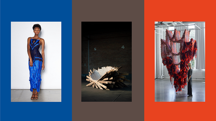 Verk i bild: Emma K Gudmundson "Floats", Anton Brunberg "Pallet Thief", Mirjam Hemström "The Metamorphosis of Weaving"