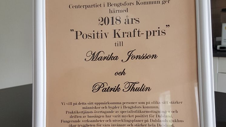 2018-års Positiv kraft-pris tilldelas Marika Jonsson och Patrik Thulin vid Praktikertjänst Närsjukhus.