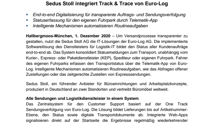 Sedus Stoll integriert Track & Trace von Euro-Log