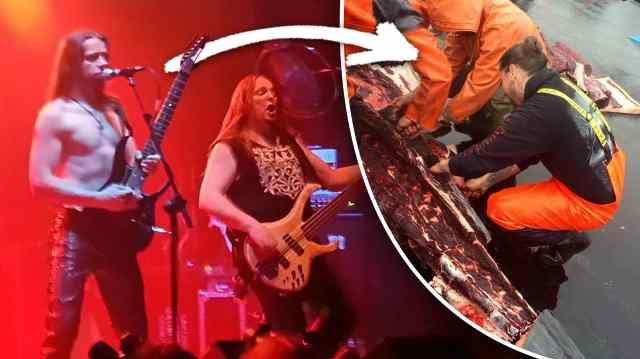 Heri Joensen von Tyr auf der Bühne und beim Ausweiden eines Grindwals (Facebook-Foto)