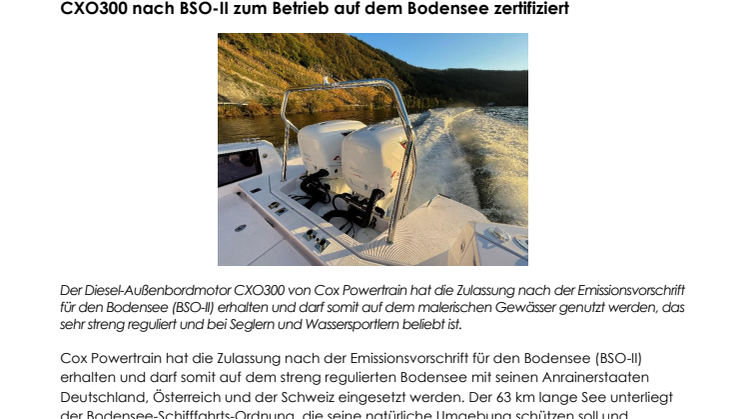 CXO300 nach BSO-II zum Betrieb auf dem Bodensee zertifiziert