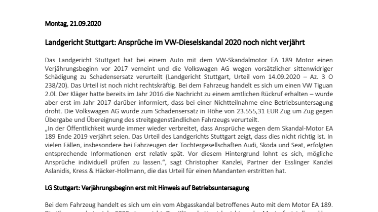 Landgericht Stuttgart: Ansprüche im VW-Dieselskandal 2020 noch nicht verjährt